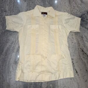 VTG 70s Yucateca Men's Ivory Cream Guayabera Embroidered Princeton Shirt Large